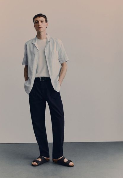 Мужская курортная рубашка Regular Fit из льняной смеси Н&М (57011) M Голубая 57011 фото