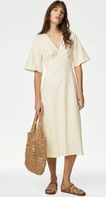 Жіноча лляна сукня з V-подібним вирізом M&S (57172) L Молочна 57172 фото