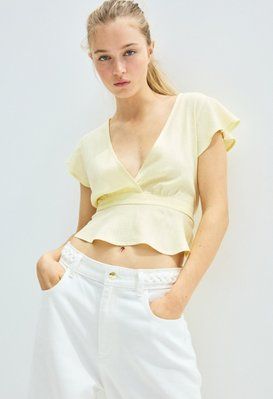 Жіноча приталена лляна блузка Н&М (58354) XS Жовта 58354 фото